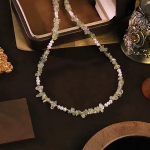 Handmade Natural Freshwater Pearl Prehnite Necklace For Women Elegant Vintage Clavicle Chain Original Design Jewelry Gift