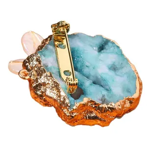 Exquisite handmade baroque pearl and blue druzy geode brooch with elegant gold-plated edges