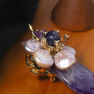 Elegant purple agate and natural freshwater pearl flower brooch with gold finish for clothing
