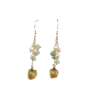 Natural freshwater pearl dangle earrings with green stones and dried flower buds
