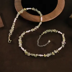 Handmade natural freshwater pearl and green prehnite stone necklace jewelry for women