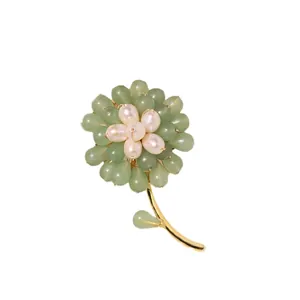 Handcrafted sunflower brooch with green aventurine jade and natural freshwater pearls