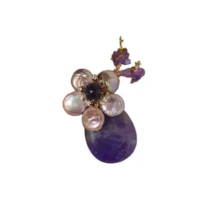 Elegant purple agate and natural freshwater pearl flower brooch with gold-toned plating