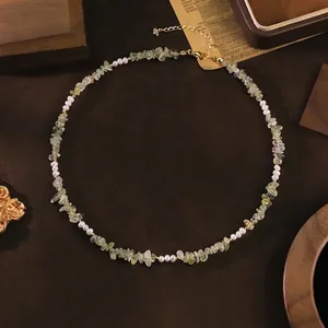 Natural freshwater pearl and green prehnite chip choker necklace for women