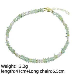 Handmade natural freshwater pearl and green prehnite stone choker necklace with gold clasp