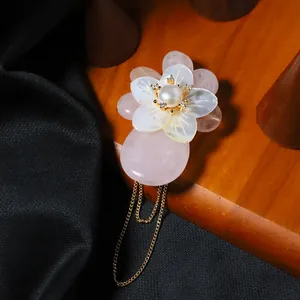 Natürliche Muschel Rosa Blume Süßwasserperle Quaste Brosche Vergoldet Strass Rosenquarz Floral Brustnadel Für Damen Schmuck