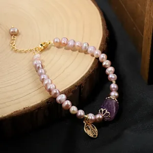 Elegant natural purple freshwater pearl bracelet with amethyst bead and gold charm