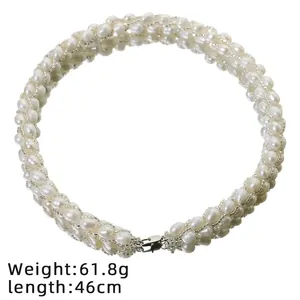 Handgemaakte witte natuurlijke parel gevlochten choker ketting met zilveren sluiting