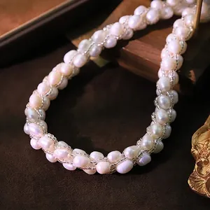 Natuurlijke Witte Parel Glas Kraal Gevlochten Choker Halsketting Voor Vrouwen Verzilverd Koper Handgeweven Franse Vintage Sieraden