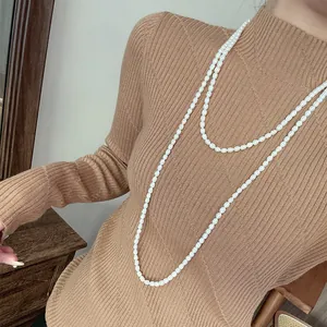 GLSEEVO Luxus Mehrlagige Lange Süßwasserperlen Halskette Damen Elegant 18K Vergoldete Perlenstrang Sweaterkette Schmuck