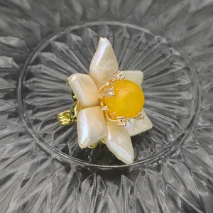 Handmade baroque pearl and yellow gemstone sunflower brooch in vintage gold finish