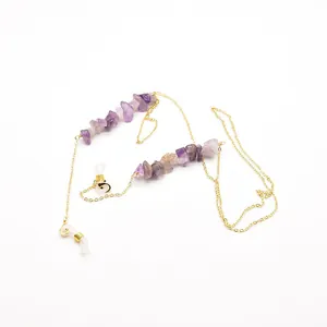 Natural amethyst raw stone glasses chain with gold-colored thin links and loops