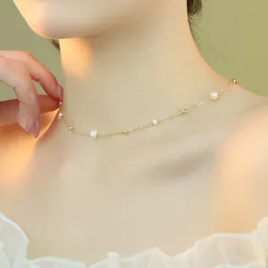 Elegant natural freshwater pearl and gold bead necklace for women, minimalist gold chain