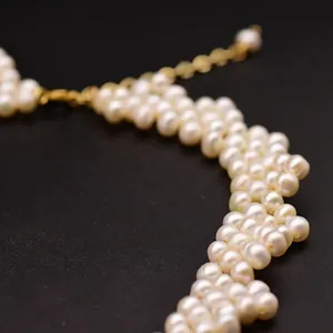 Handmade natural white freshwater pearl woven multi-strand choker necklace for women