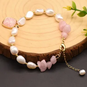 Handmade Baroque Natural Pearl Pink Quartz Bracelet For Women 14K Gold Filled Geometric Pendant Rhinestone Jewelry Gift