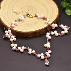 Handmade Freshwater Pearl Tourmaline Pendant Necklace 14K Gold Filled Original Design Vintage Floral Necklace For Women