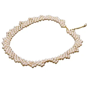 Handmade woven natural freshwater pearl choker necklace with gold extension chain