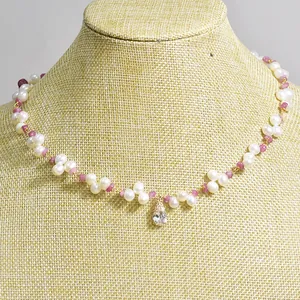 Handmade natural tourmaline and freshwater pearl choker with elegant teardrop pendant