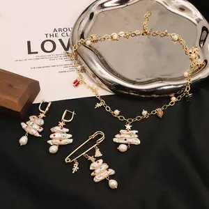 Natural Freshwater Pearl Christmas Tree Brooch For Women Light Luxury Alloy Rhinestone Reindeer Bell Pendant Necklace Earrings Bracelet Festive Jewelry