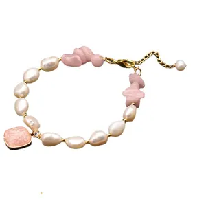 Handmade baroque pearl and pink crystal bracelet with 18K gold plated lobster clasp