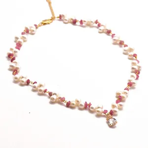 Handmade 18K gold freshwater pearl and pink tourmaline necklace with crystal pendant