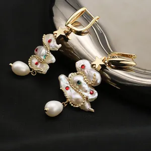 Handmade baroque pearl Christmas tree earrings with gold stars and red green rhinestones