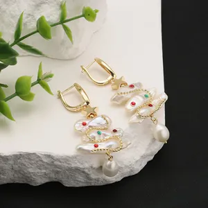 Handmade Baroque pearl Christmas tree drop earrings with gold star accents