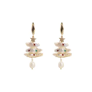 Handcrafted Christmas tree earrings with baroque pearls and elegant gold accents
