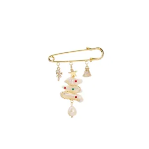 Elegant Christmas freshwater pearl brooch with tree and bell charms