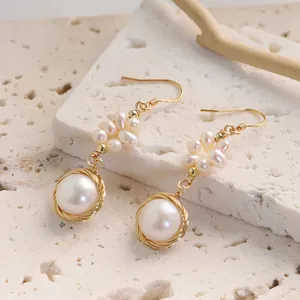 Handmade Wire Wrapped Gold Plated Natural Pearl Dangle Earrings For Women Vintage Simple Water Drop Pearl Jewelry Ear Hooks