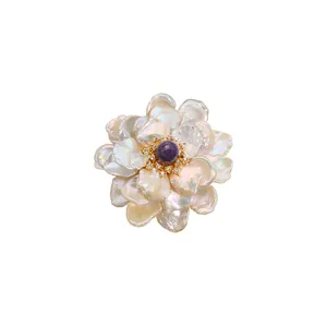 Elegant handmade flower brooch with natural baroque pearls and purple amethyst