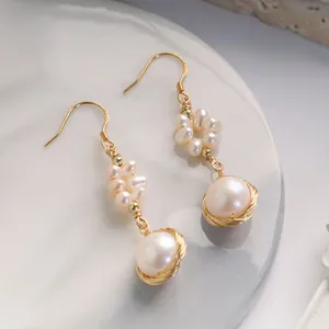 Handmade 18K gold-plated wire-wrapped earrings with natural pearls in vintage style.