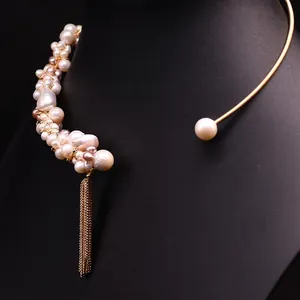 Handgemaakte natuurlijke zoetwaterparel choker ketting met elegante gouden kwast voor dames