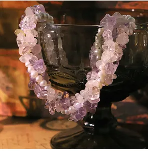 Exquisite detail shot showing amethyst chips and natural pearl 3-layer necklace design