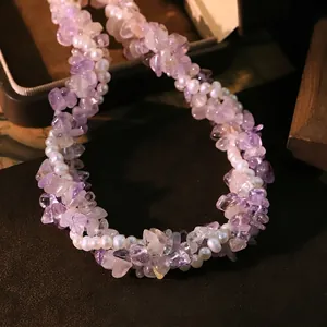 Original Triple Layer Natural Freshwater Pearl Purple Crystal Chips Choker Necklace For Women Elegant Light Luxury Clavicle Chain