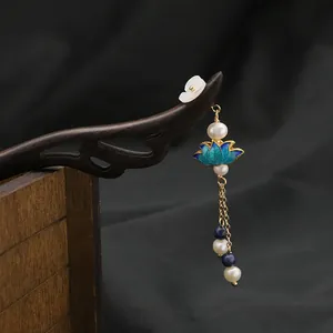 Vintage Chinese style wooden hair stick with elegant pearl and cloisonné lotus tassel detail
