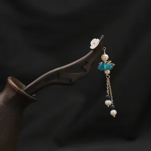 Vintage wooden hair stick with pearl tassel and cloisonné lotus in Chinese style