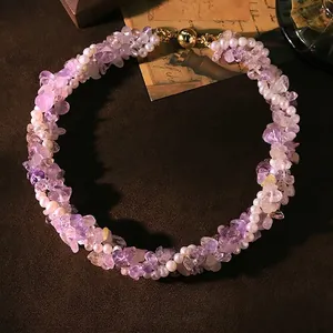 Handcrafted 3-strand amethyst and natural pearl necklace with gold magnetic clasp.