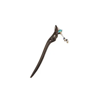 Traditional Chinese wooden hair stick with blue cloisonné flower and pearl tassel decor