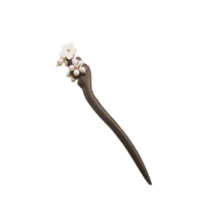 Pic à cheveux chinois traditionnel en ébène avec perles et fleur en coquille sculptée