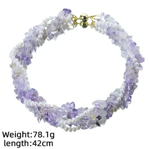 Exquisite three-layer necklace with natural amethyst chips and white pearls, 42cm length