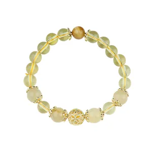 Handcrafted citrine bracelet with gold hollow bead and cat-eye stones for women