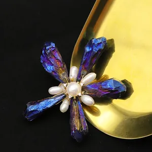 Elegant freshwater pearl brooch with blue purple titanium crystal flower design