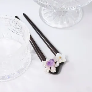 Pic à Cheveux Traditionnel Chinois en Bois de Santal Avec Fleur en Coquillage Améthyste Perle d'Eau Douce Fourche Vintage Fait à la Main Femme