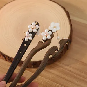 Natural Pearl Sandalwood Hair Stick Shell Flower Tassel Hairpin Retro New Chinese Style Hanfu Hair Accessories For Women