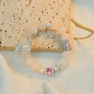 Original Pink Artificial Crystal Beaded Bracelet With Natural Pearls Alloy Bowknot Crown Heart Charm Elastic Bracelet For Women