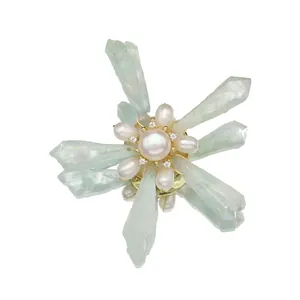 Handmade freshwater pearl brooch with baroque natural crystal points starburst design