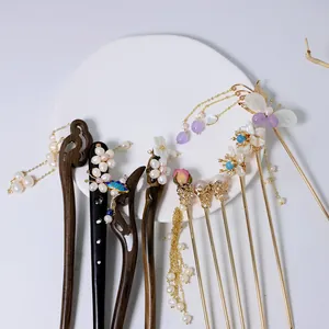 Vintage Ebony Wood Freshwater Pearl Hairpin Handmade Tassel Step Shake Chinese Style Hanfu Accessories For Women Retro Shell Flower Hair Stick