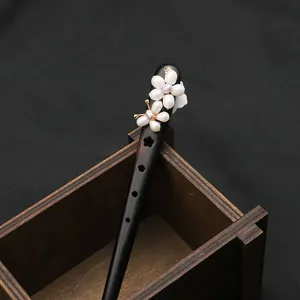 Traditional ebony wood hairpin with natural pearls floral design for Hanfu hair accessories