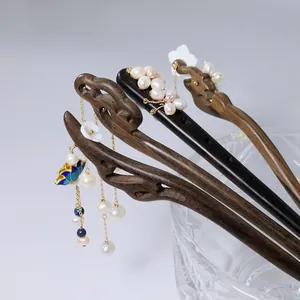 Handmade ebony wood hairpins with natural pearls and elegant Chinese style tassels